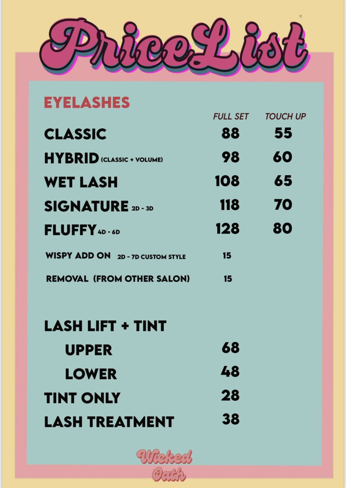 The studio's printed price list